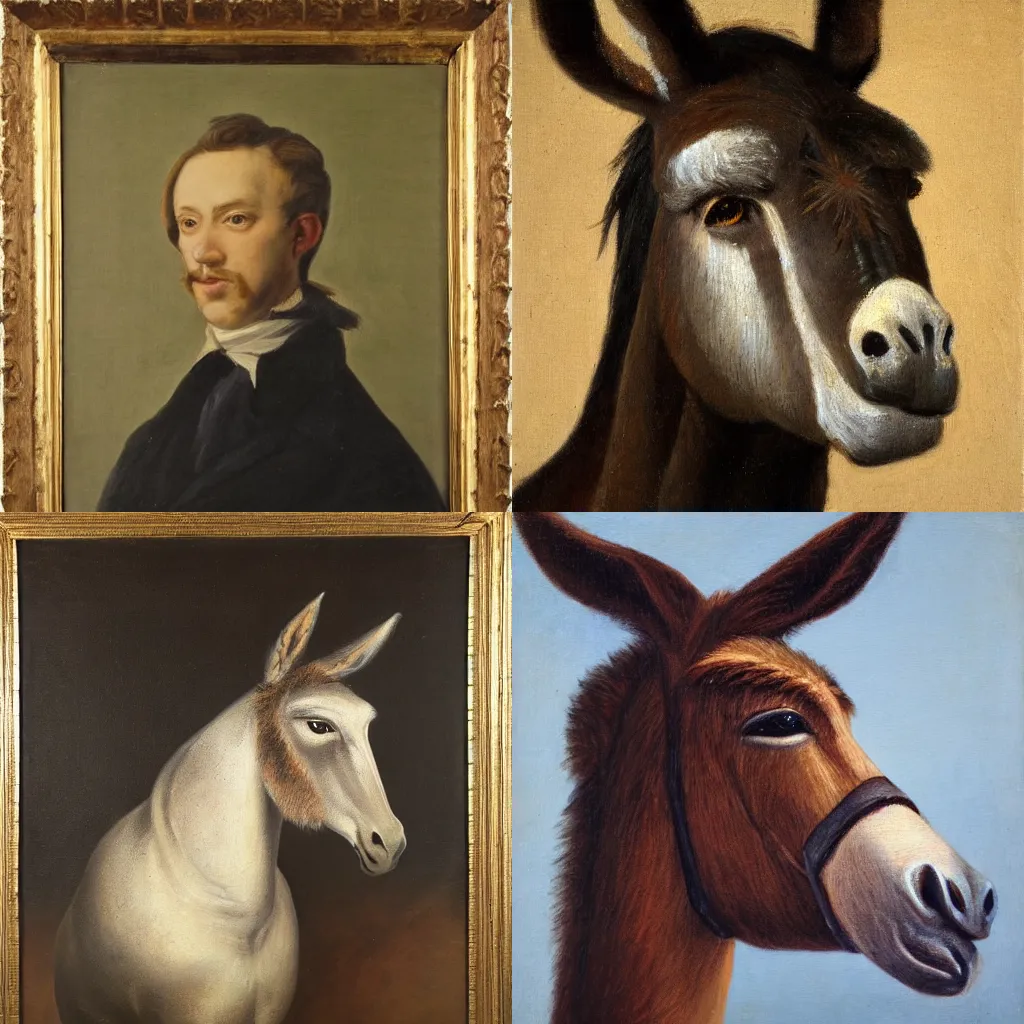 Prompt: A portrait of an aristocrat donkey, oil painting