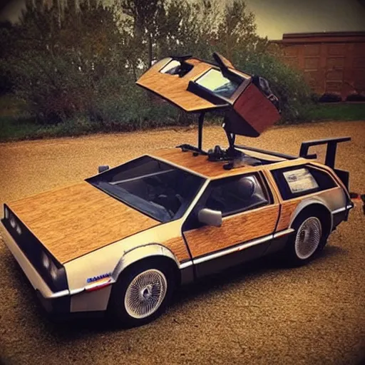 Image similar to wooden delorean, delorean made out of wood, old polaroid