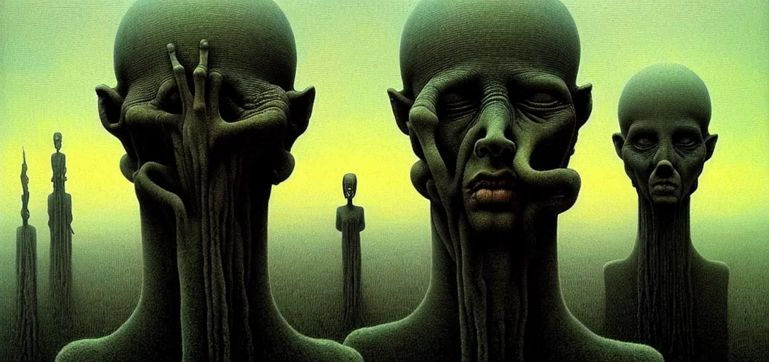 Prompt: highly detailed horror dystopian surreal painting of eerie head statues and buildings by zdzisław beksinski, creepy, atmospheric, unsettling