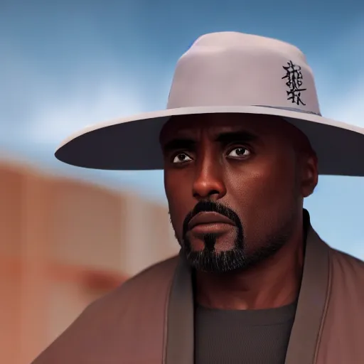 Image similar to edris elba as the hokage wearing hokage hat, extreme detail, screenshot, 8 k, sharp