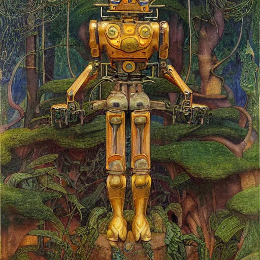 Prompt: robot seizes the forest crown, by Annie Swynnerton and Diego Rivera and Elihu Vedder, symbolist, dramatic lighting, elaborate geometric ornament, tattoos, Art Brut, soft cool colors,smooth, sharp focus, extremely detailed, Adolf Wölfli and Donato Giancola