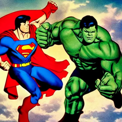 Prompt: The Hulk as Superman swinging Thor's hammer.