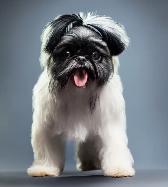 Image similar to a 4 k photorealistic photo of a black shih - tzu puppy wearing a vr headset on her head