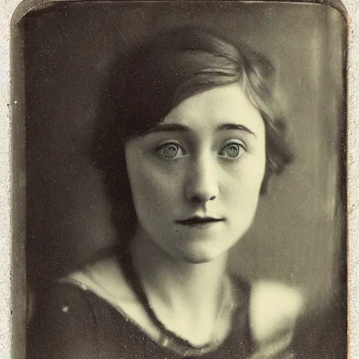 Image similar to Tintype photograph of Saoirse Ronan as a Irish ethnographic subject. 1920s studio lighting.