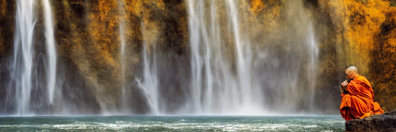 Prompt: dang ngo, annie leibovitz, steve mccurry, a simply breathtaking shot of mediating monk in orange, giantic waterfall, sunshine, golden ratio, wide shot, symmetrical