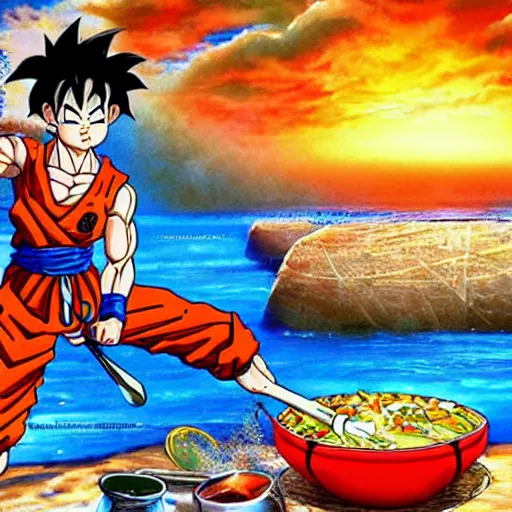 Image similar to son goku cooking a paella on the beach by akira toriyama