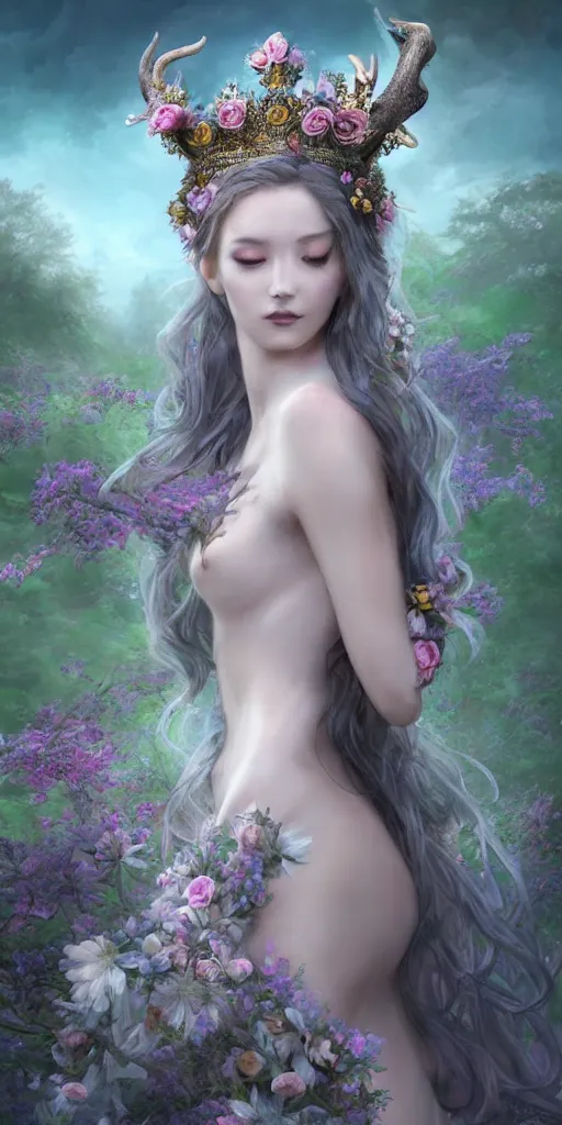 Prompt: A beautiful fantasy empress, highly detailed full body, just one head, flower tiara, long hair, wearing dramatic aristocrat robe, delicate figure, field of fantasy flowers, foxes and deer, epic composition, ultra wide-shot, dynamic pose, concept art, dramatic lighting, digital painting, smooth, character design, ((sharp focus)), elegant, intricate, trending on artstation, by WLOP and James Jean and Victo Ngai