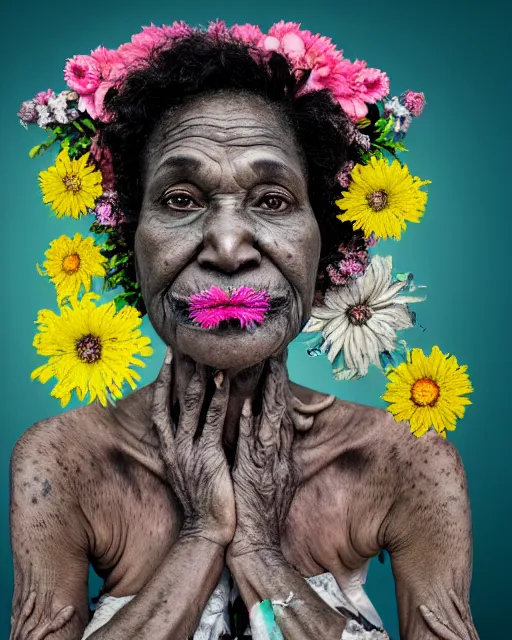 Prompt: portrait of a beautiful fleshy old black woman who is surprised she is still alive, covered in flowers in the style of guiseppe arcimboldo and james jean, covered in wispy gray hair with a hint of neon, hd 3 d,