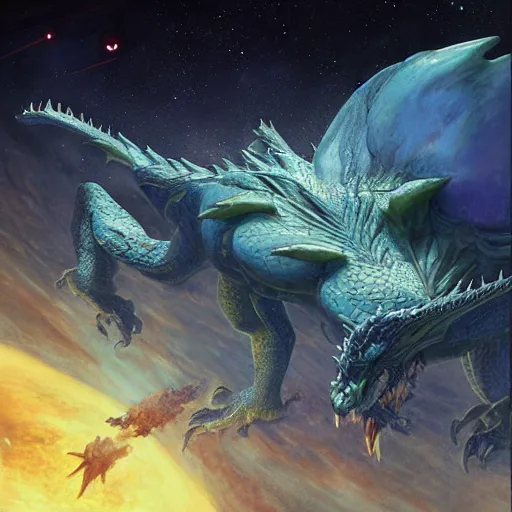 Prompt: Large blue scaled dragon devouring an earth like planet while flying in space, European four-legged dragon, sun system, nebula, oil painting, by Fernanda Suarez and Edgar Maxence and Greg Rutkowski