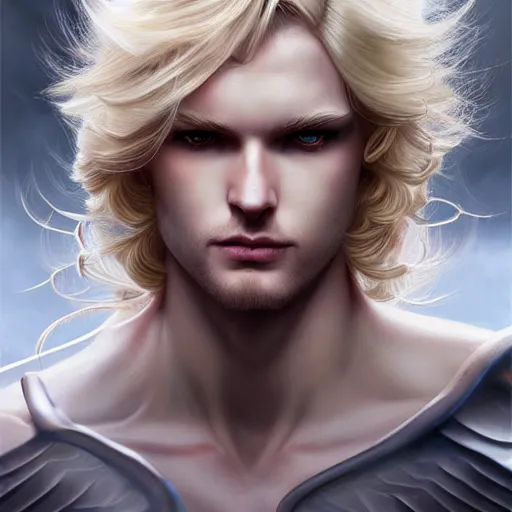 Prompt: digital art of a pale menacing male Cyborg Angel of Battle with long blond curls of hair and piercing eyes, central composition, he commands the fiery power of resonance and wrath, very very long blond curly hair with bangs!!!, Center parted bangs, fringe, baroque curls, by Ross Tran Rossdraws and WLOP, Artstation, CGsociety