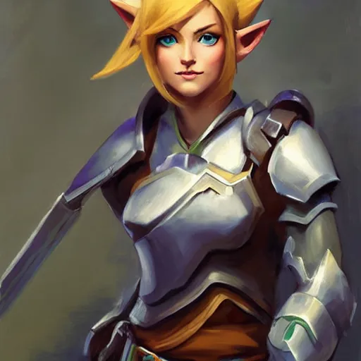 Image similar to greg manchess portrait painting of partially armored female link from legend of zelda as overwatch character, medium shot, asymmetrical, profile picture, organic painting, sunny day, matte painting, bold shapes, hard edges, street art, trending on artstation, by huang guangjian and gil elvgren and sachin teng