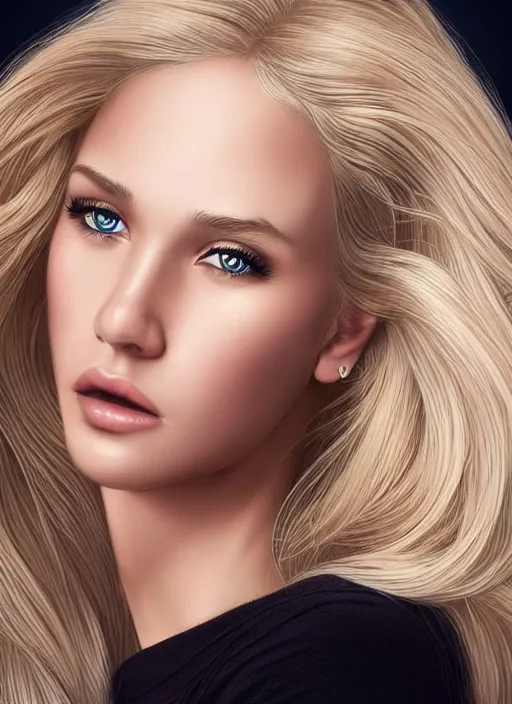 Image similar to a gorgeous blonde girl portrait, professionally retouched, full body shot, smooth face, perfect eyes, wide angle, sharp focus on eyes, 8 k high definition, insanely detailed, intricate, elegant, art by artgerm