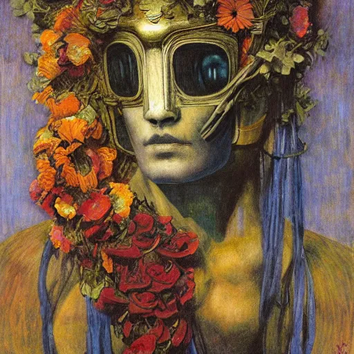 Image similar to masterpiece painting of the robot queen wearing a mask made of flowers, by annie swynnerton and diego rivera and jean delville, symbolist, dramatic lighting, god rays, elaborate geometric ornament, art brut, soft cool colors, smooth, sharp focus, extremely detailed, adolf wolfli