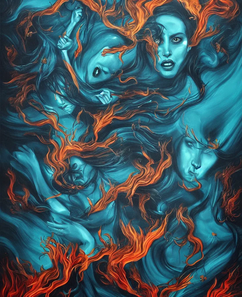 Image similar to wild emotional creatures repressed in the deep sea of unconscious of the psyche, about to rip through and escape in a fiery revolution, painted by ronny khalil