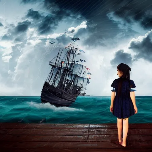 Prompt: a girl is pirate in a ship which is sailing in dark sea sky is dark blue and clouds and thunderstorms coming in far waves are big