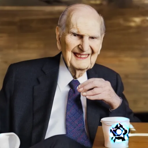 Prompt: photo of Russell M Nelson in a suit drinking starbucks, fashion model shoot, branding, pr shoot, bright lighting, pristine and clean,