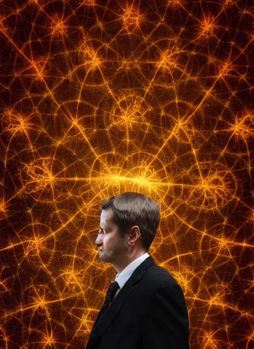 Image similar to matte painting of man in suit with black mandelbrot fractal as head