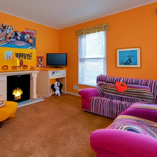 Prompt: photo of interior of a silly garfield themed house