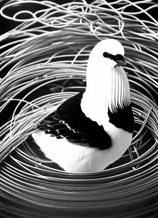 Prompt: realistic photo portrait of common bird with white feathers many cords leds and detailed wires, spherical black helmets, in a big pool filled with mercury, the sky is grey, 2 0 0 0, life magazine photo,