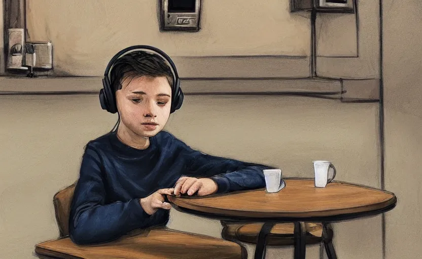 Image similar to a boy with headphones sitting on a table in a cafe with a coffee, digital art, digital painting, masterpiece, concept art, trending on deviantart, highly detailed, high quality, anatomically correct, five fingers, cinematic, high coherence, soft lighting, soft colors, beautiful, elegant, short black hair, 4 k, symmetrical, realistic and detailed face, cartoon