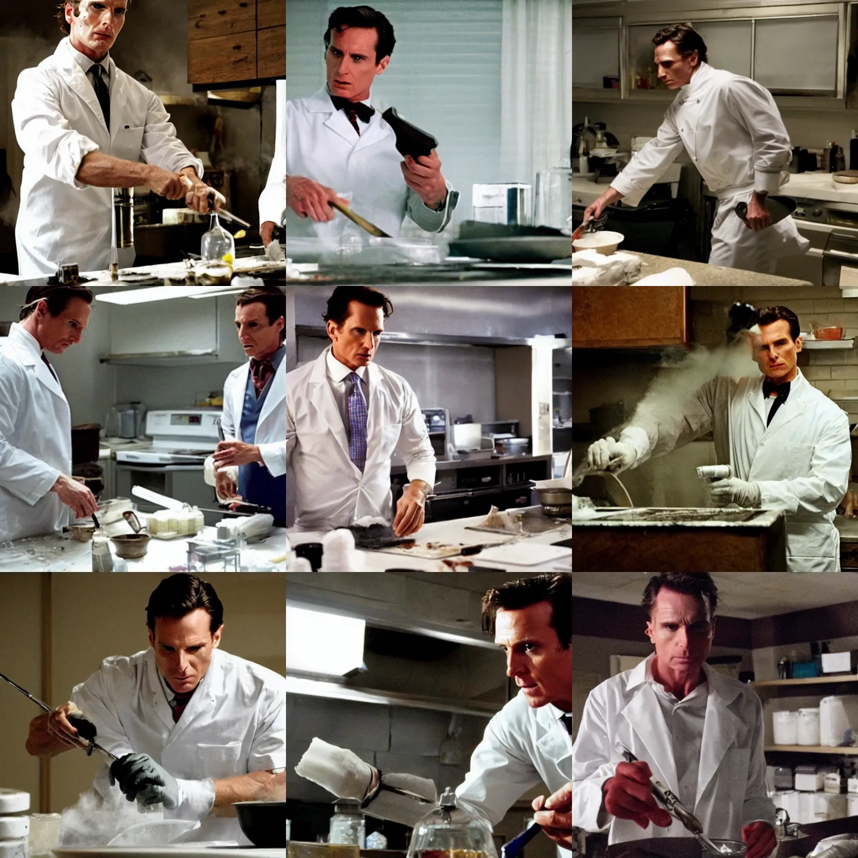 Prompt: still of patrick bateman cooking meth in breaking bad