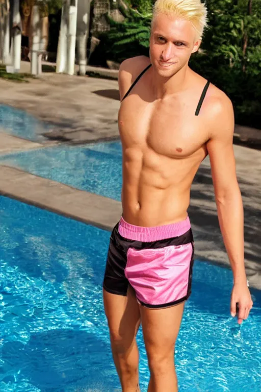 Image similar to a handsome male humanoid android with blonde hair, ken, muscular wearing a cut-off black crop top and short light pink shorts standing by a swimming pool, shiny glossy skin