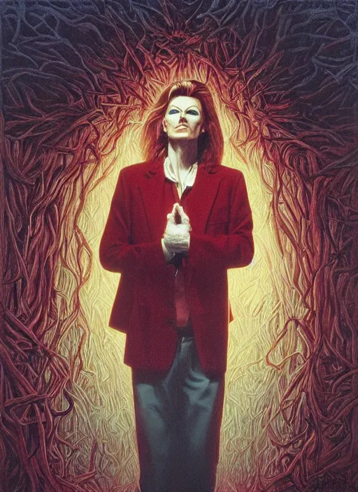 Image similar to twin peaks poster art, portrait of david bowie lost in the labyrinth of the red room, other dimension, this is his fate for the next two years, by michael whelan, rossetti bouguereau, artgerm, retro, nostalgic, old fashioned