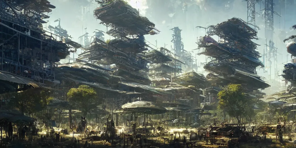 Prompt: screenshot of a bustling verdant biopunk marketplace in a massive makeshift city, dappled light, colossal arcing metal structures high in the sky, beautiful, awe inspiring, fps, by james gurney, greg rutkowski, sparth, cinematography, cinematic masterpiece