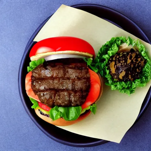 Prompt: a juicy hamburger in a giant bowl filled with coke