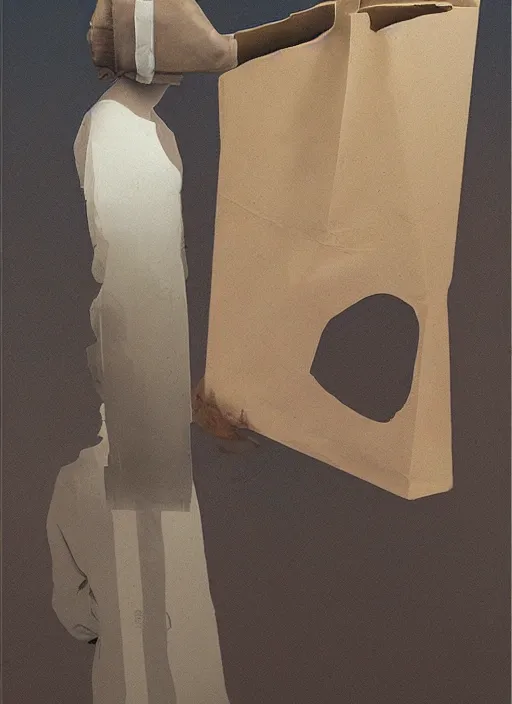 Image similar to women in paper bag over the head with portable oxygen tank Edward Hopper and James Gilleard, Zdzislaw Beksinski, highly detailed