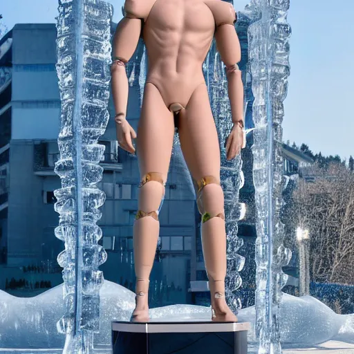 Image similar to made of ice, a realistic detailed photo of a guy who is an attractive humanoid who is half robot and half humanoid, who is a male android, on display, blank stare, showing off his muscles, shiny skin, posing like a statue, by the pool, frozen ice statue, f 1 driver charles leclerc, humanoid robot