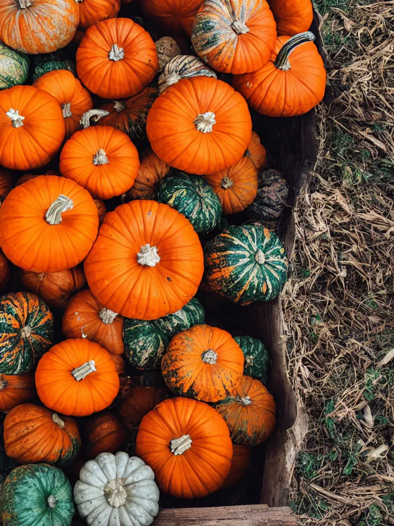 Image similar to photorealistic pumpkins in a wood bin, farmer's market setting, vivid colors, soft lighting, atmospheric, cinematic, 8k