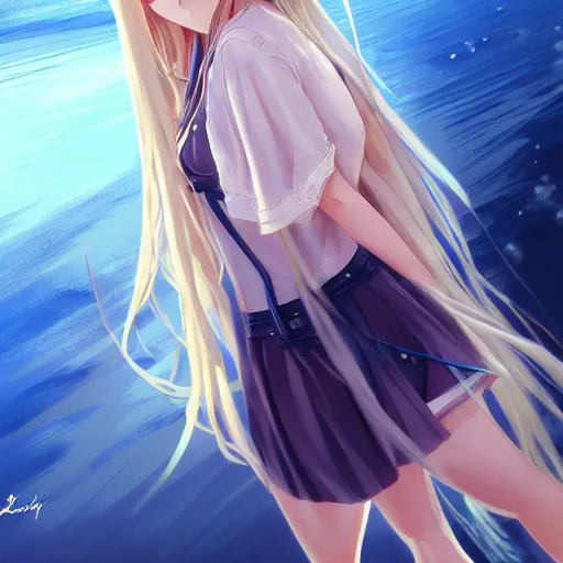 Image similar to a very beautiful anime cute girl, full body, long wavy blond hair, sky blue eyes, full round face, short smile, fancy top, miniskirt, front view, summer lake setting, cinematic lightning, medium shot, highly detailed, cinematic wallpaper by Stanley Artgerm Lau