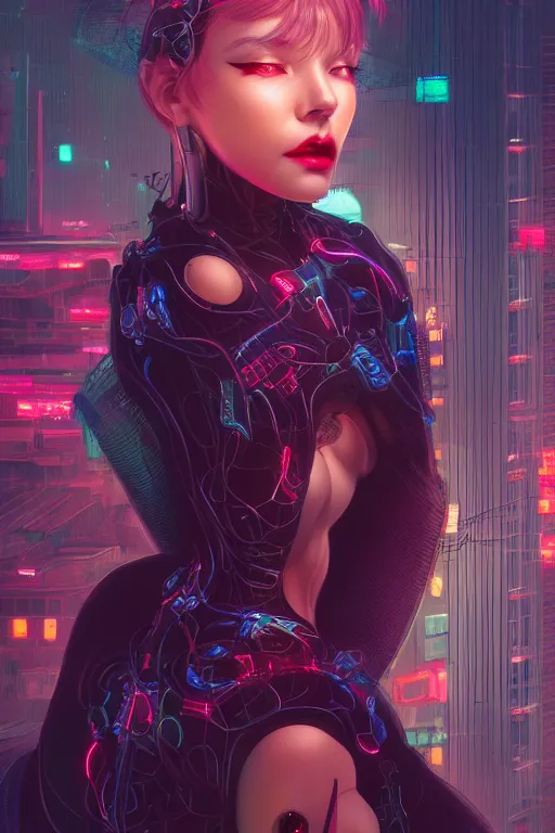 Image similar to portrait futuristic Devil Girl, in future cyberpunk tokyo rooftop , ssci-fi, fantasy, intricate, very very beautiful, elegant, human anatomy, neon light, highly detailed, digital painting, artstation, concept art, smooth, sharp focus, illustration, art by tian zi and WLOP and alphonse mucha