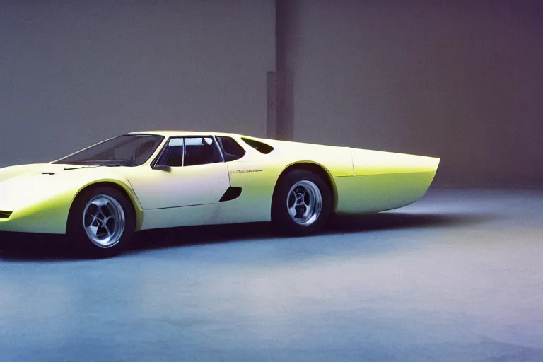 Image similar to studio photoshoot designed by giorgetto giugiaro of a single 1 9 8 8 fj 4 0 miura citroen dm bmw m 1, thick neon lights, ektachrome photograph, volumetric lighting, f 8 aperture, cinematic eastman 5 3 8 4 film