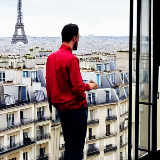 Prompt: Man on balcony looking over Paris with Eiffel Tower in background, 8k, detailed, full of colour, cinematic lighting, cinematic, masterpiece
