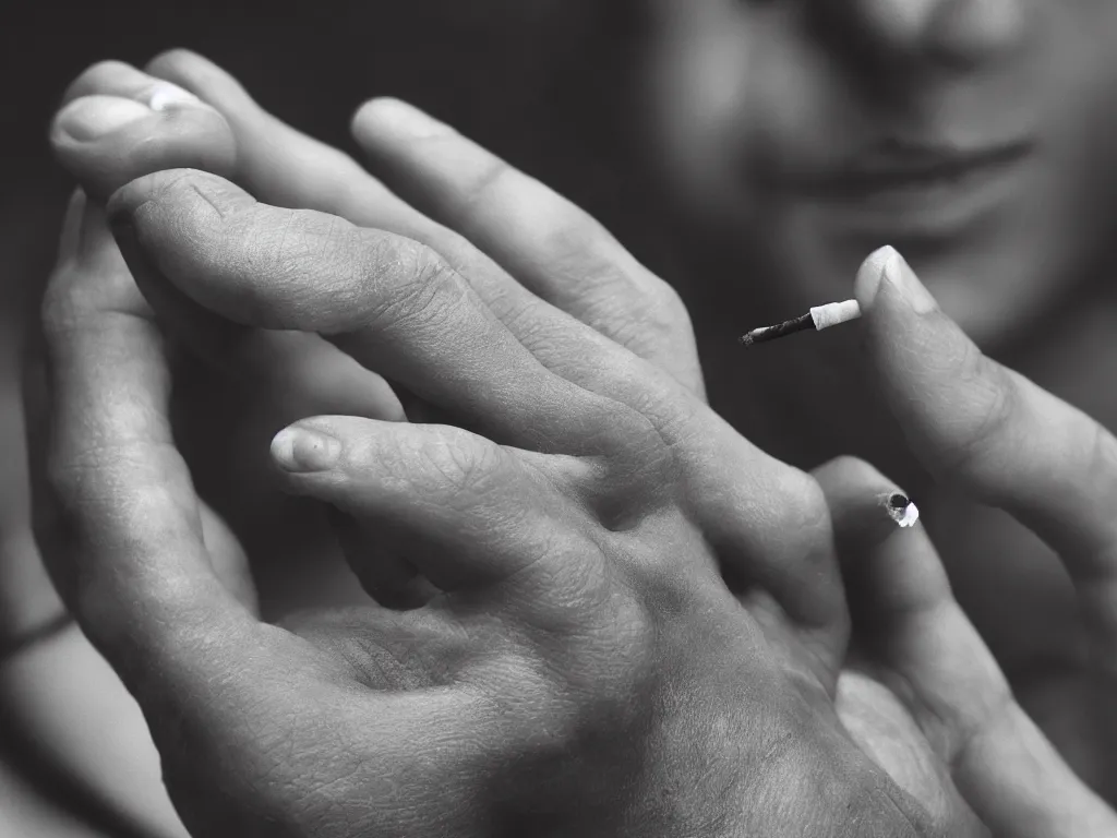 Prompt: Close-up view of hyperrealistic thin soft hand holding cigarette with smoke, photo by George Marks, 4K