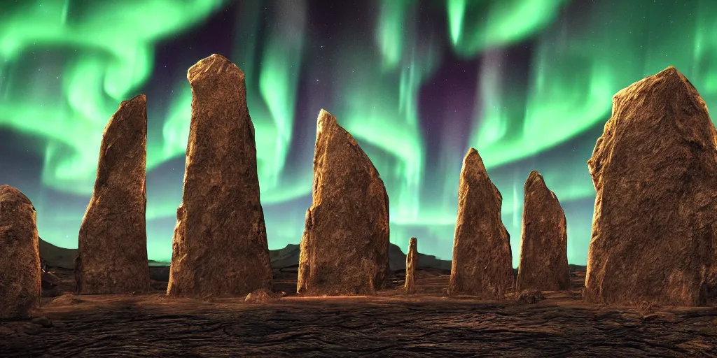 Image similar to highly detailed photoreal eldritch biomechanical rock monoliths, stone obelisks, aurora borealis, psychedelic