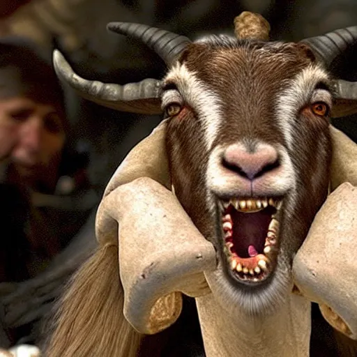 Image similar to an ultra real uhd 3 5 mm telephoto close up shot of a goat man snarling and growling and drooling over a half eaten rat at a banquet for a victorian king