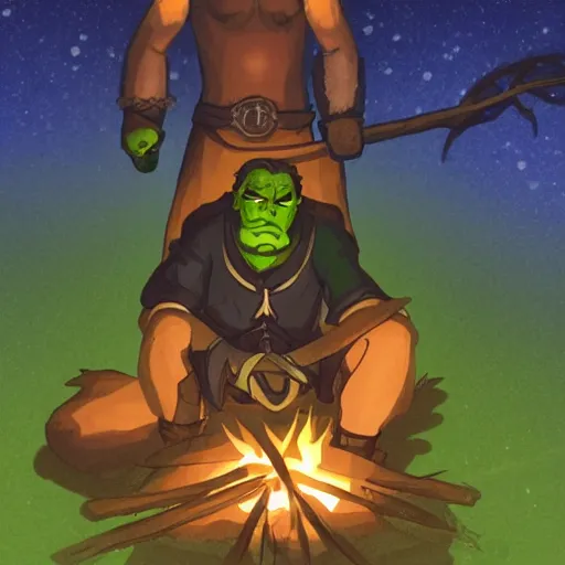 Prompt: a half-orc druid sitting by a campfire at night