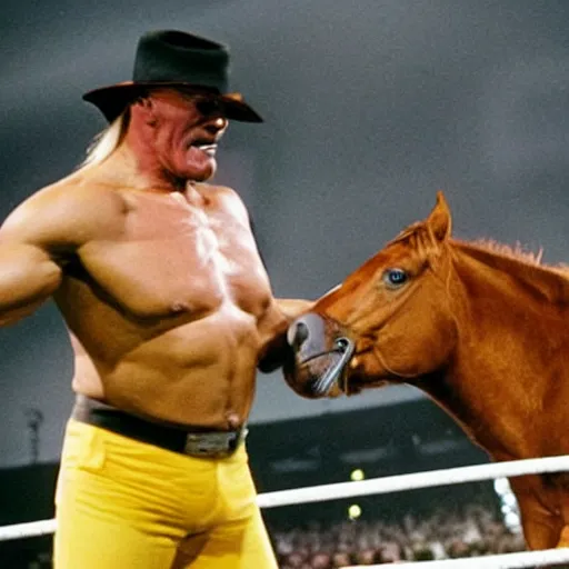 Prompt: hulk hogan wrestling a horse at wrestlemania