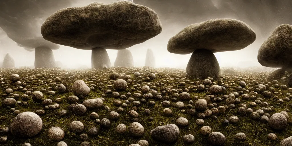 Image similar to Photorealistic crowd of fungus people made from fungus. Magically floating rocks, with ominous storm clouds, strange levitating stones, stones falling from the sky, a gentle rising mist. occult photorealism, UHD, amazing depth, glowing, golden ratio, 3D octane cycle unreal engine 5, volumetric lighting, cinematic lighting, cgstation artstation concept art