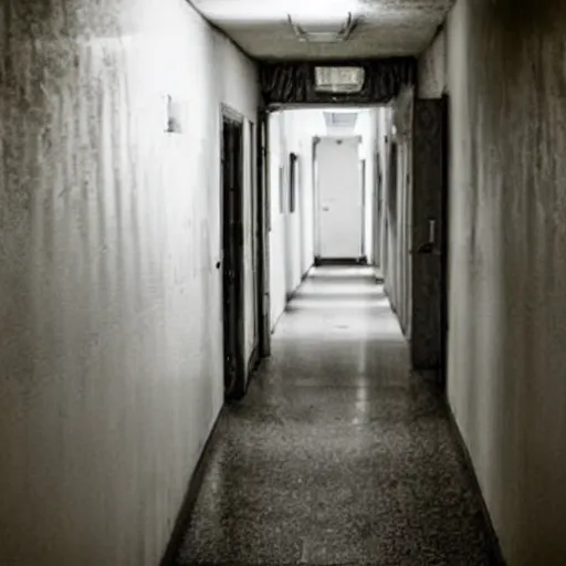 Prompt: decrepit hospital hallway, blurry shadow figure peeking through a corner, craigslist photo