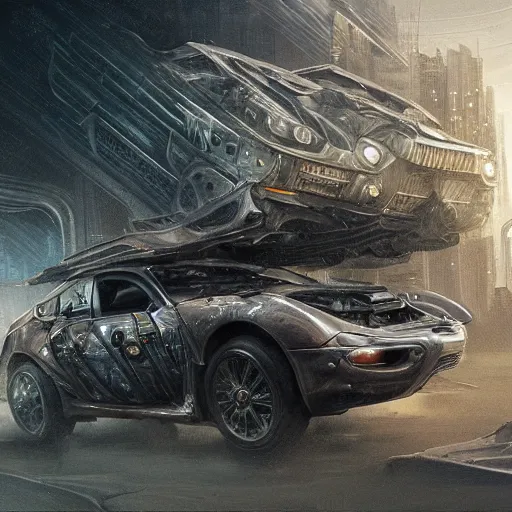 Prompt: full view of a car, intricate, elegant, highly detailed, digital painting, concept art, smooth, sharp focus, art style from Wang Ke and Greg Rutkowski and Bruce Kaiser and Scott Robertson and Dmitry Mazurkevich and Doruk Erdem and Jon Sibal, small style cue from blade runner and star wars