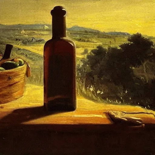 Prompt: bottle of italian olive oil in a rustic kitchen at sunset by Constable