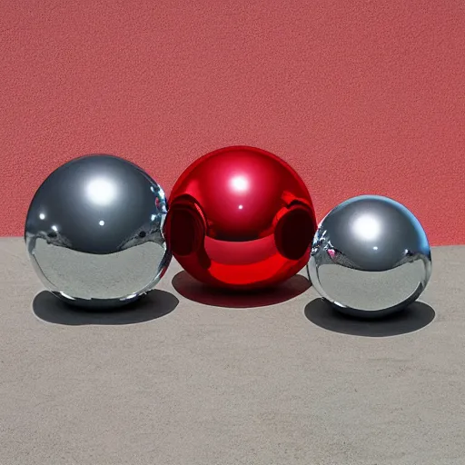 Prompt: chrome spheres on a red cube by clay witt