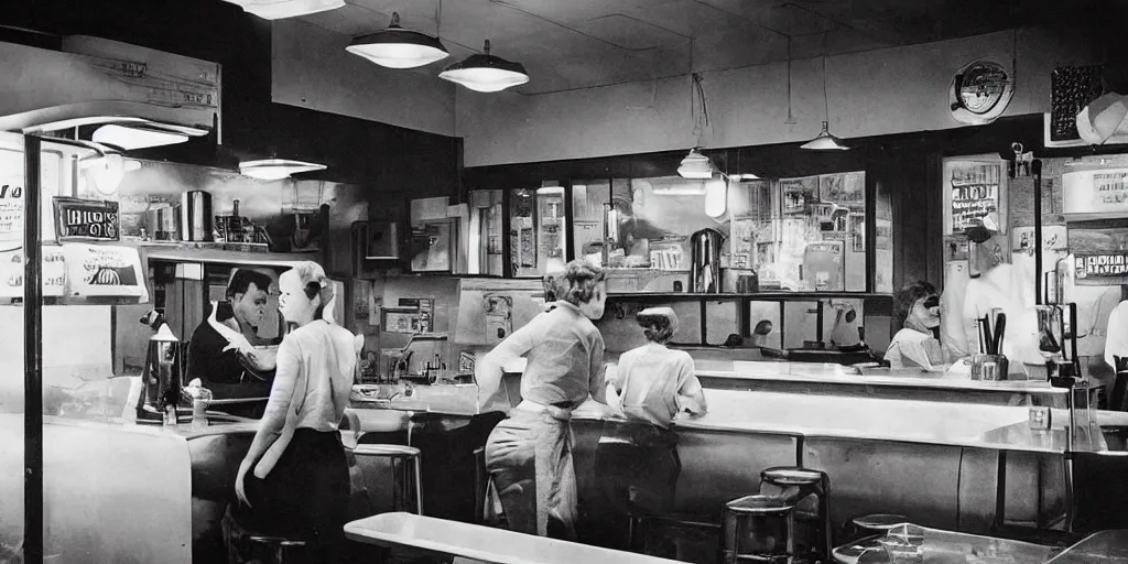 Prompt: detailed sharp photograph in the style of popular science circa 1 9 5 5 and gregory crewdson of a 1 9 5 0 s small town night inside a diner with a teenage girl at the counter drinking a milkshake