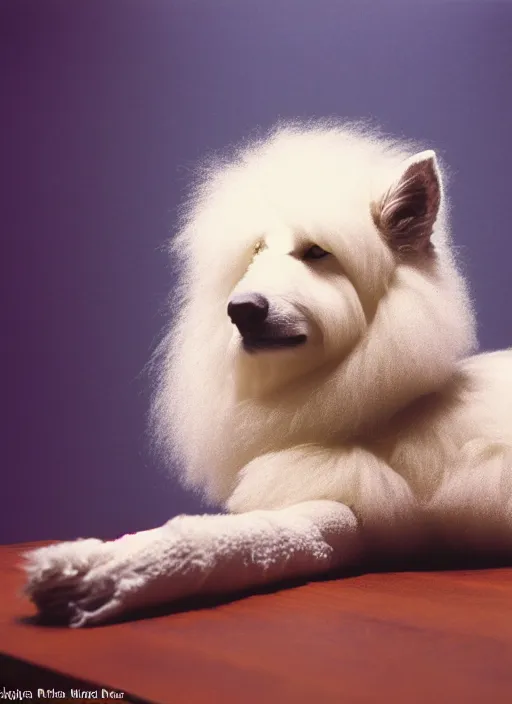 Image similar to realistic photo of a white fluffy hairy sweater, straight laying on a wooden desk 1 9 9 0, life magazine reportage photo, natural colors