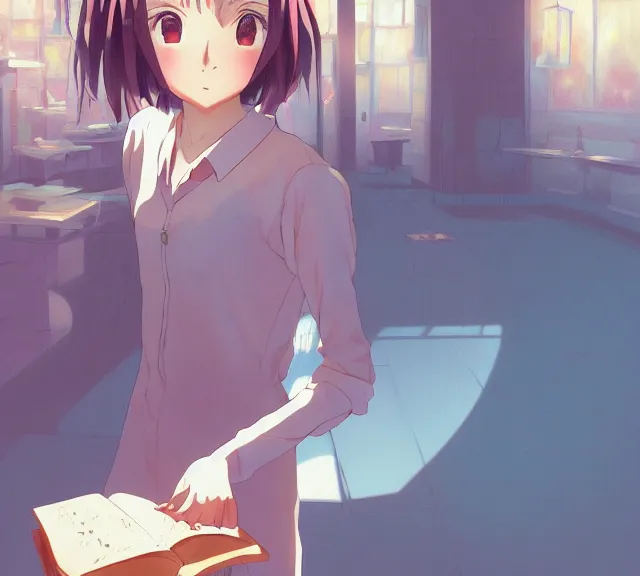 Image similar to anime visual, portrait of a young female traveler in a magic book shop interior, beautiful face by yoh yoshinari, katsura masakazu, studio lighting, dynamic pose, dynamic perspective, strong silhouette, anime cels, ilya kuvshinov, cel shaded, crisp and sharp, rounded eyes, moody, ( detailed character!! ), blue colors!!