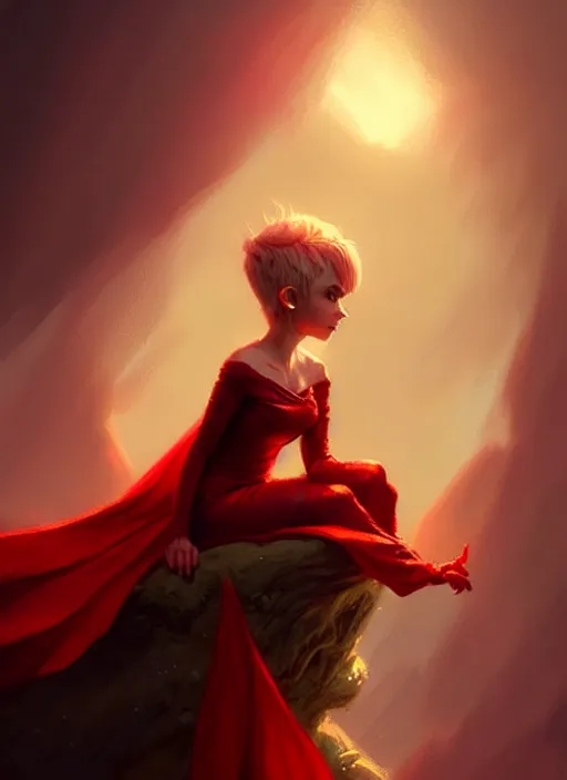 Image similar to Image of tiny pixie sitting on top of a human hand, D&D fantasy, wearing a red dress, intricate, highly detailed, digital painting, artstation, concept art, sharp focus, illustration, art by greg rutkowski and Ross Tran